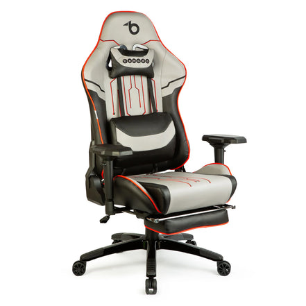 Scaun gaming ergonomic reglabil, cu suport picioare si perne, rabatabil 180°, gri negru albastru/Rosu, 150 kg